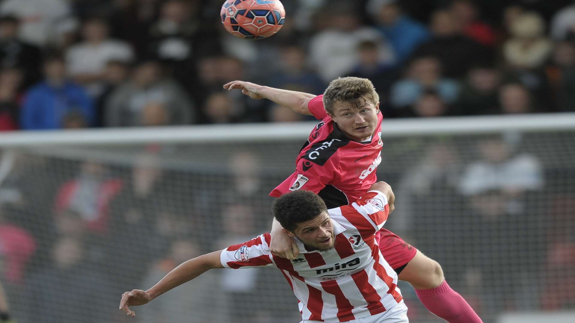 Callum Davies gets up for a header against Cheltenham Picture: Ady Kerry