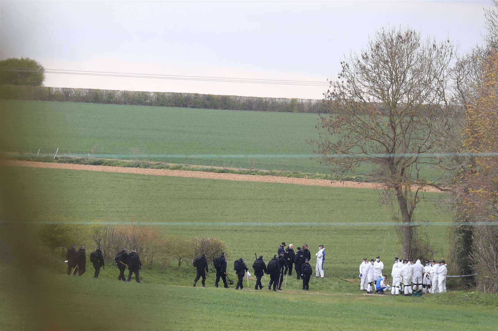 Police forensic and specialist search officers near the scene at Akholt Wood (Gareth Fuller/PA)