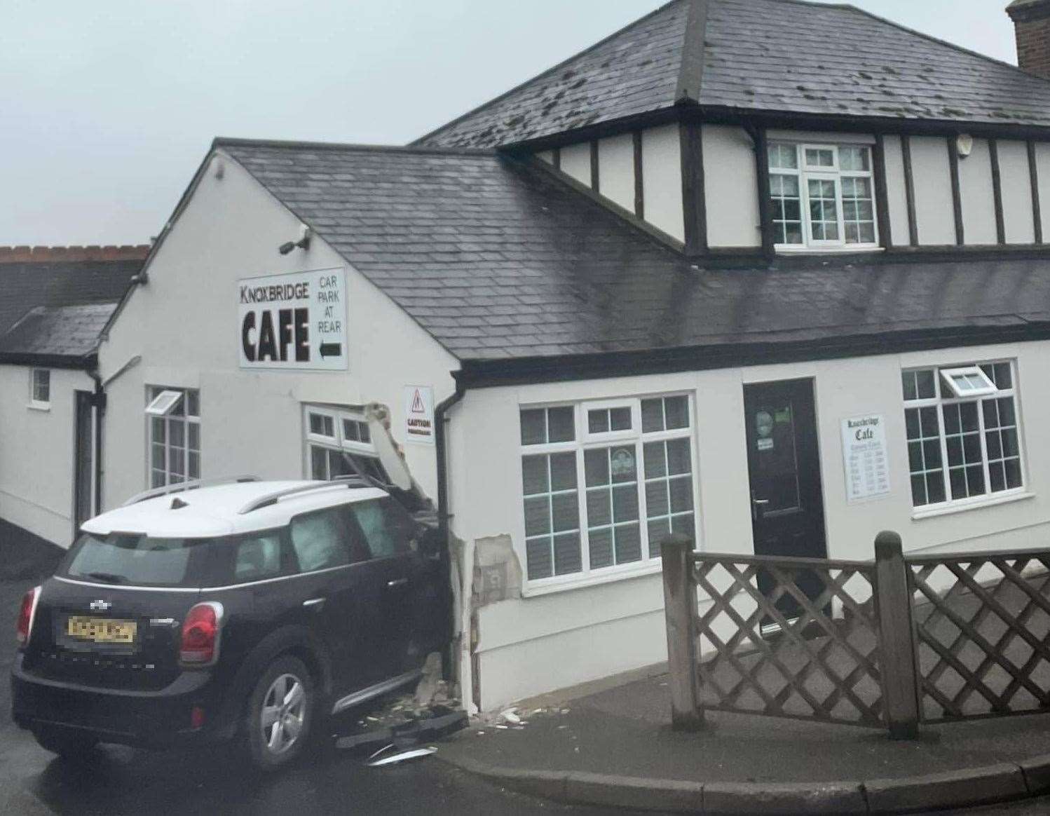 The Mini Countryman ended up wedged in the side of the Knoxbridge Cafe. Picture: Mark Curtis