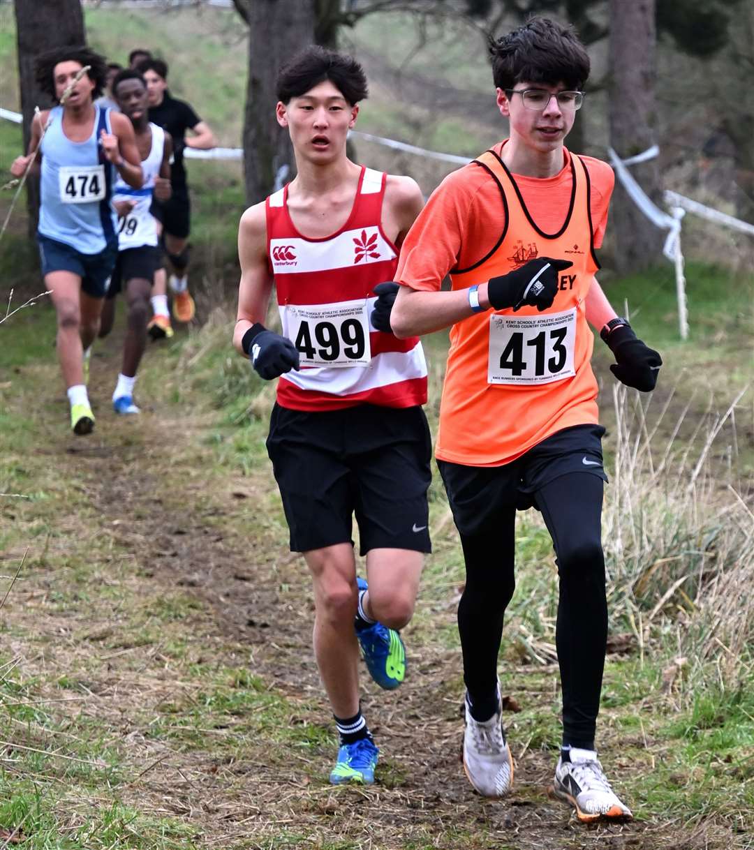 No.413 Lucas Drake of Bexley and No.499 Yugo Maeda of Sevenoaks were part of the intermediate boys’ battle. Picture: Simon Hildrew