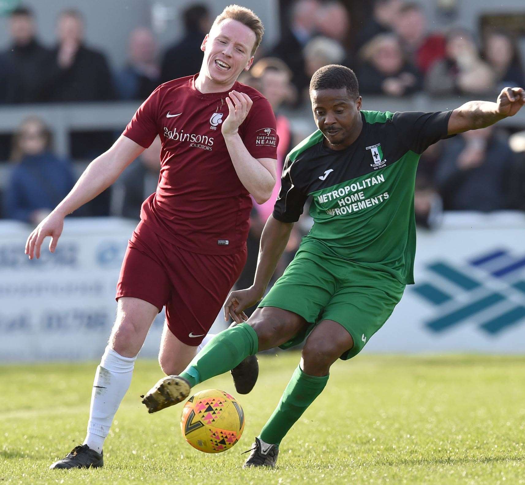 Cray's Kevin Lisbie, right, looks to get a shot away under pressure from Canterbury's Gary Sayer Picture: Keith Gillard