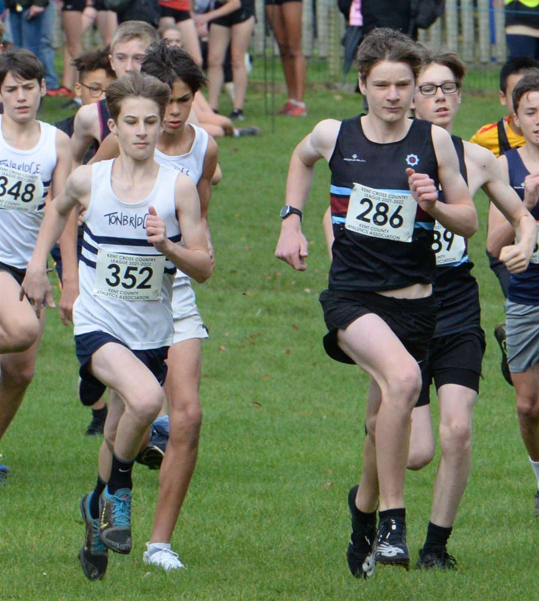 Under-15s No.352 Harrison Fraser of Tonbridge AC alongside No.286 Jasper Brooks of Blackheath & Bromley Harriers. Picture: Chris Davey (52348029)