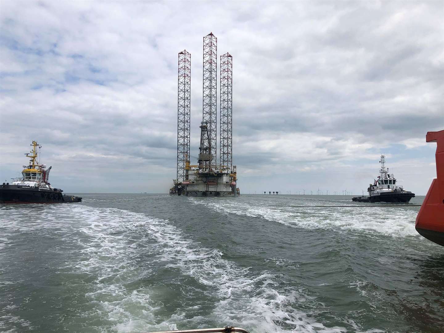 Prospector 1 being towed to Sheerness in May