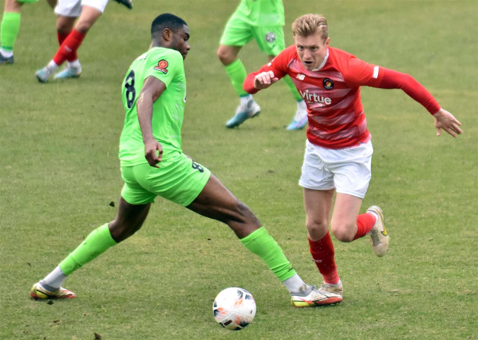 Josh Wright skips past Hemel Hempstead's Bayley Brown on Saturday. Picture: Ed Miller/EUFC