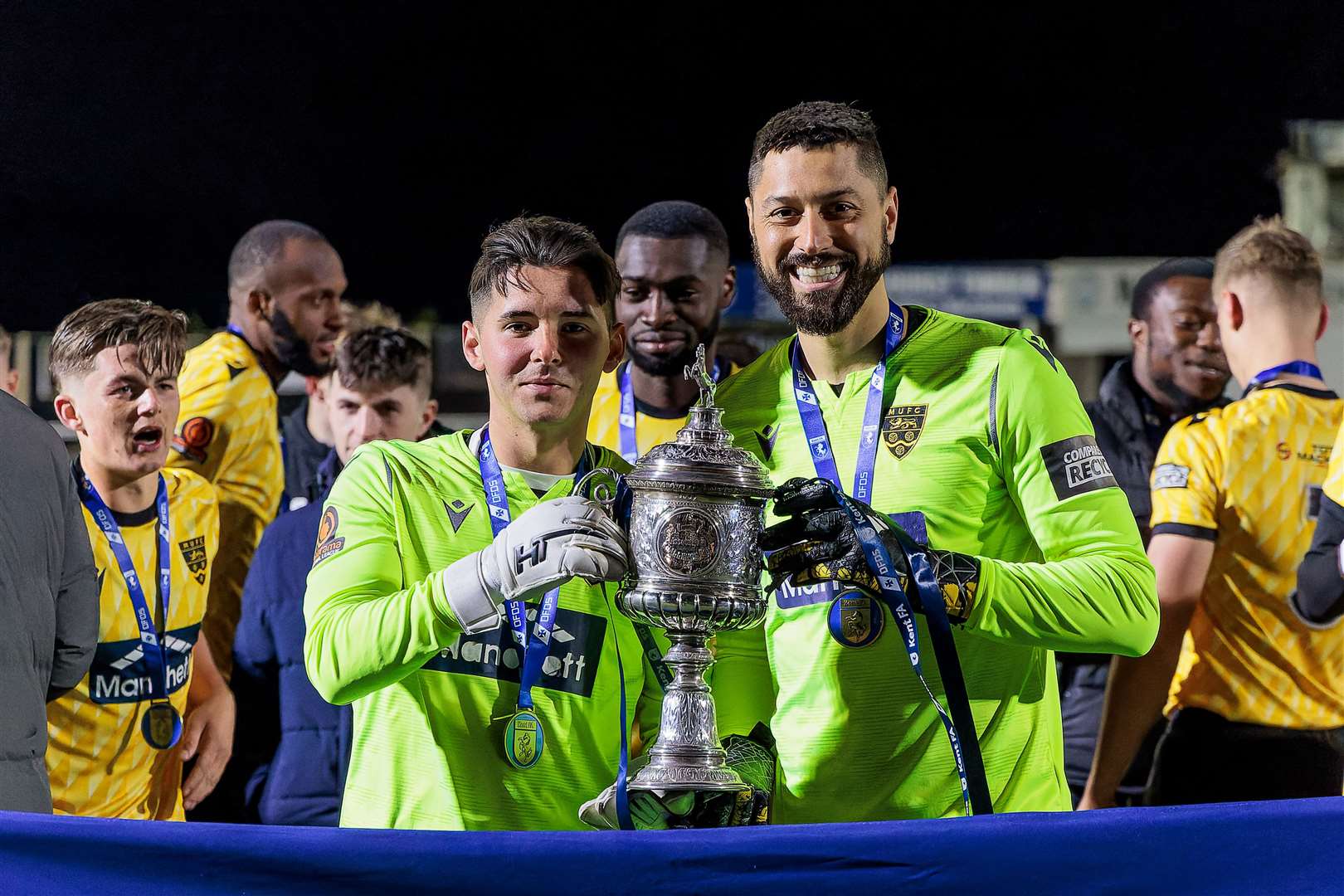 Harley Earle with Lucas Covolan after Maidstone's Kent Senior Cup success. Picture: Helen Cooper