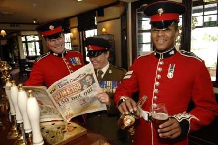 Gdsm Matthew Martin, SSgt Julie Austin-Williamson and LCpl Julian Perreira, at the official launch of STG150 Ale