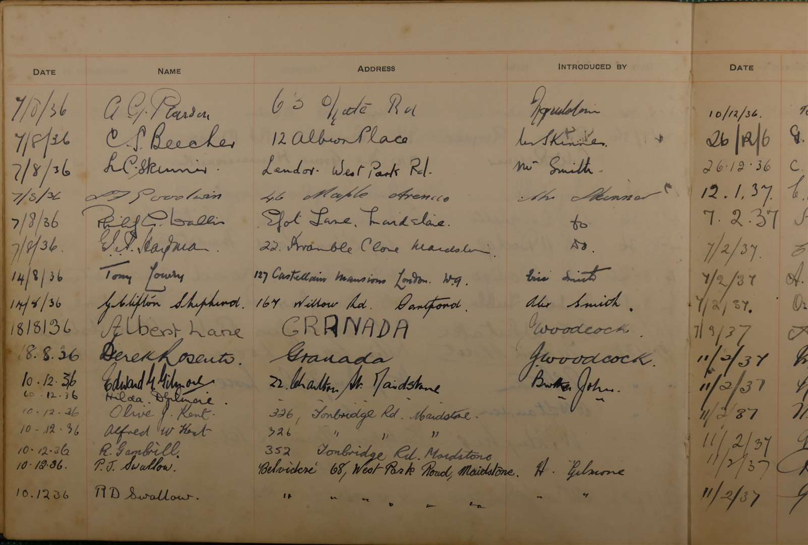 A page from Alex Smith's log of attendees at his cinema from August 1936