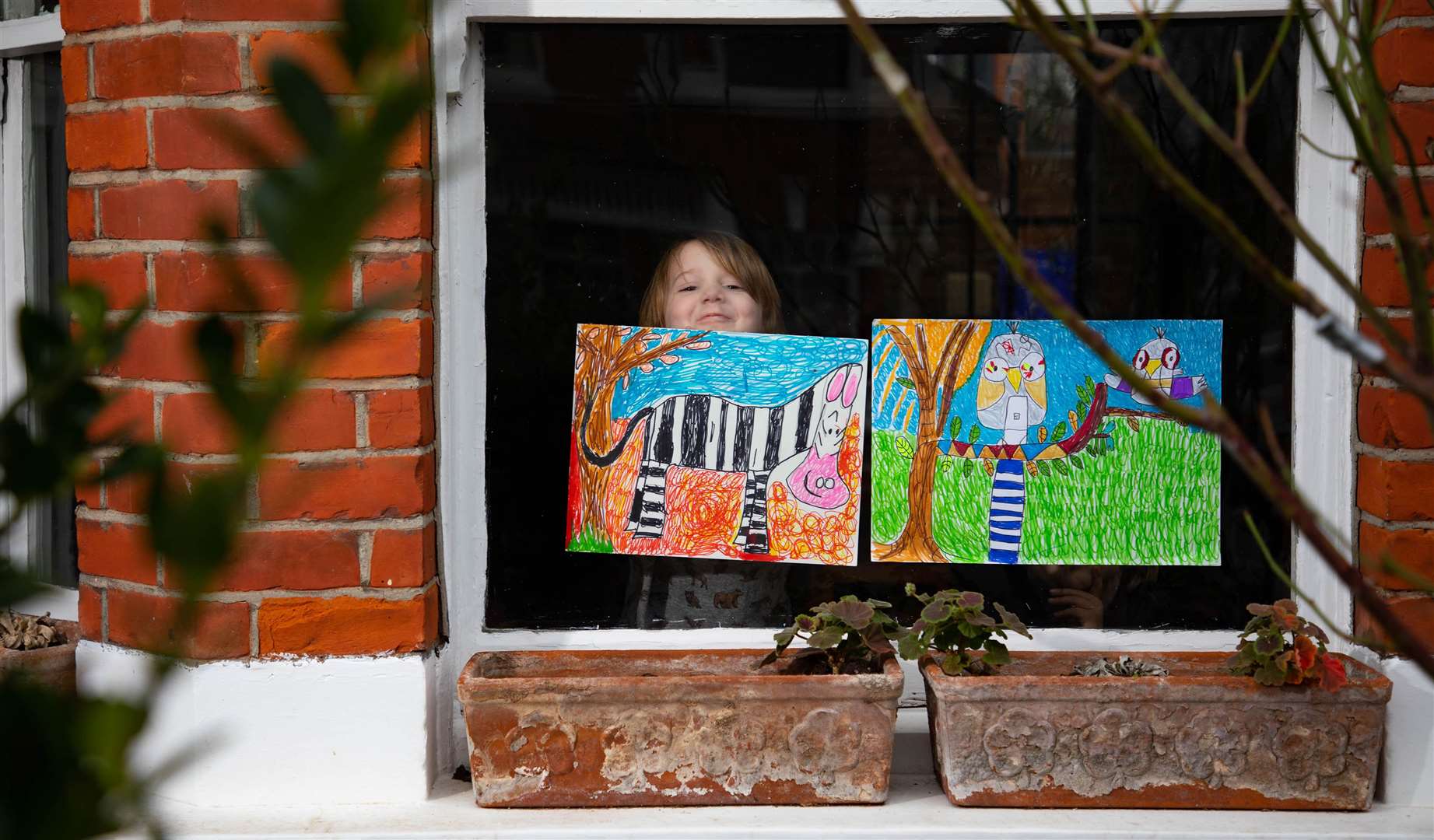 Artwork depicting animals, created by Raymond and Leonard is displayed in their window for the nation's largest ever exhibition