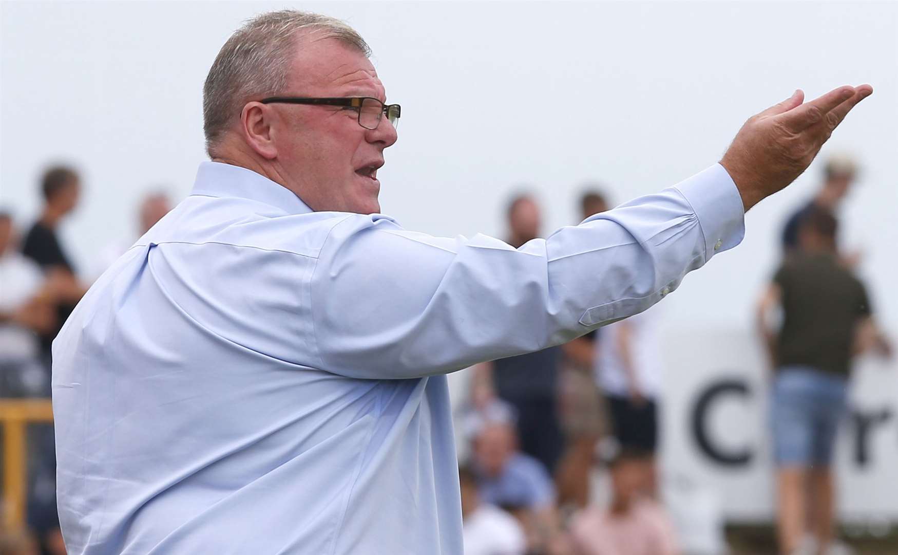 Gillingham manager Steve Evans makes his point to the team during Saturday's friendly at Folkestone. Picture: Andy Jones