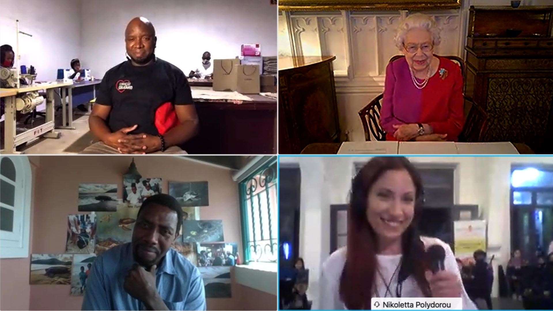 The Queen chatting with Commonwealth Points of Light award recipients Ruy Santos (top left), Len Peters (bottom left) and Nikoletta Polydorou (Buckingham Palace/PA)