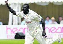 Kent bowler Robbie Joseph celebrates the wicket of Varun Chopra