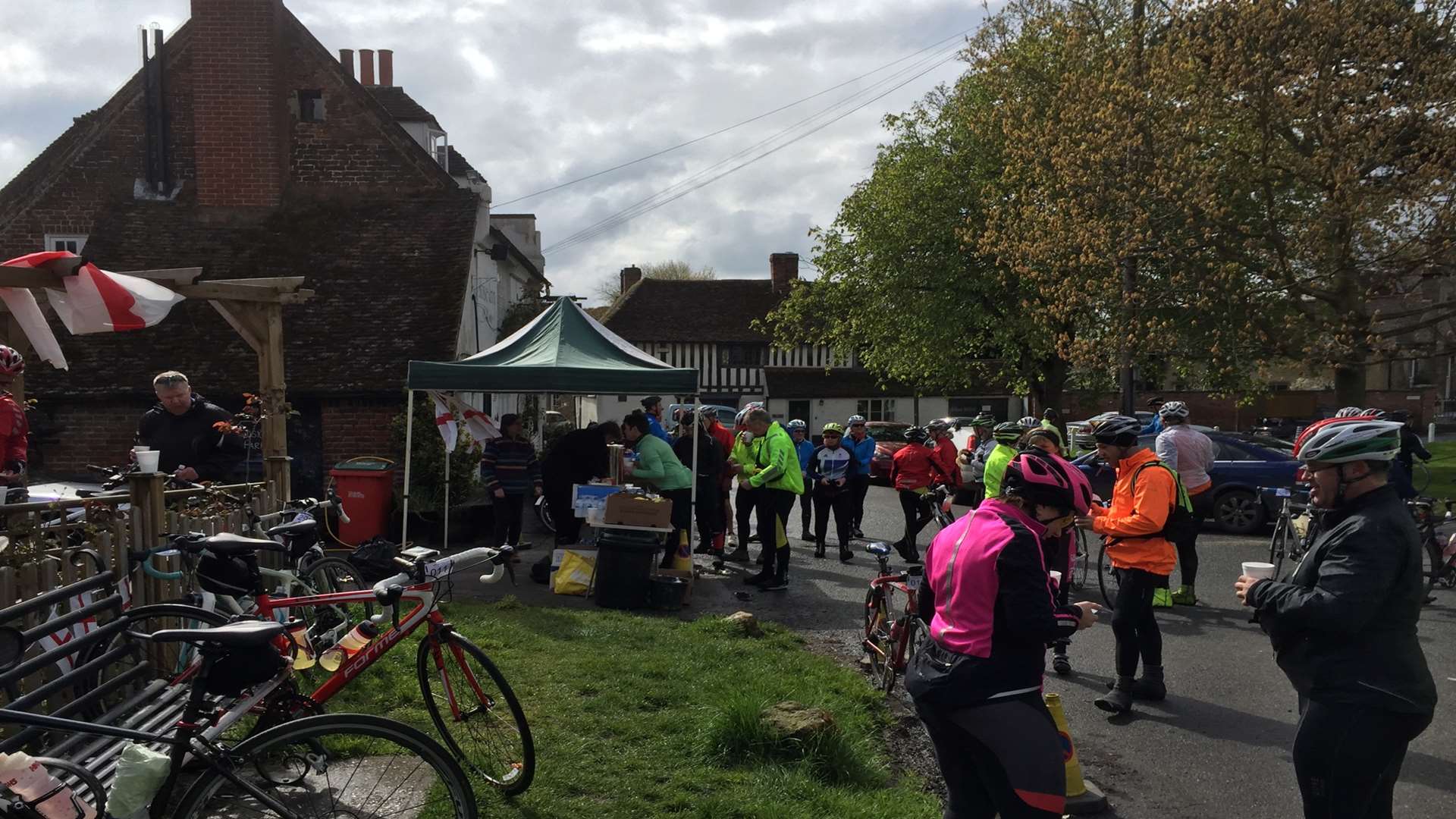 Riders at the KM Big Bike Ride on Sunday, April 24 enjoying their pit stop at The Rose Inn at Wickhambreaux.