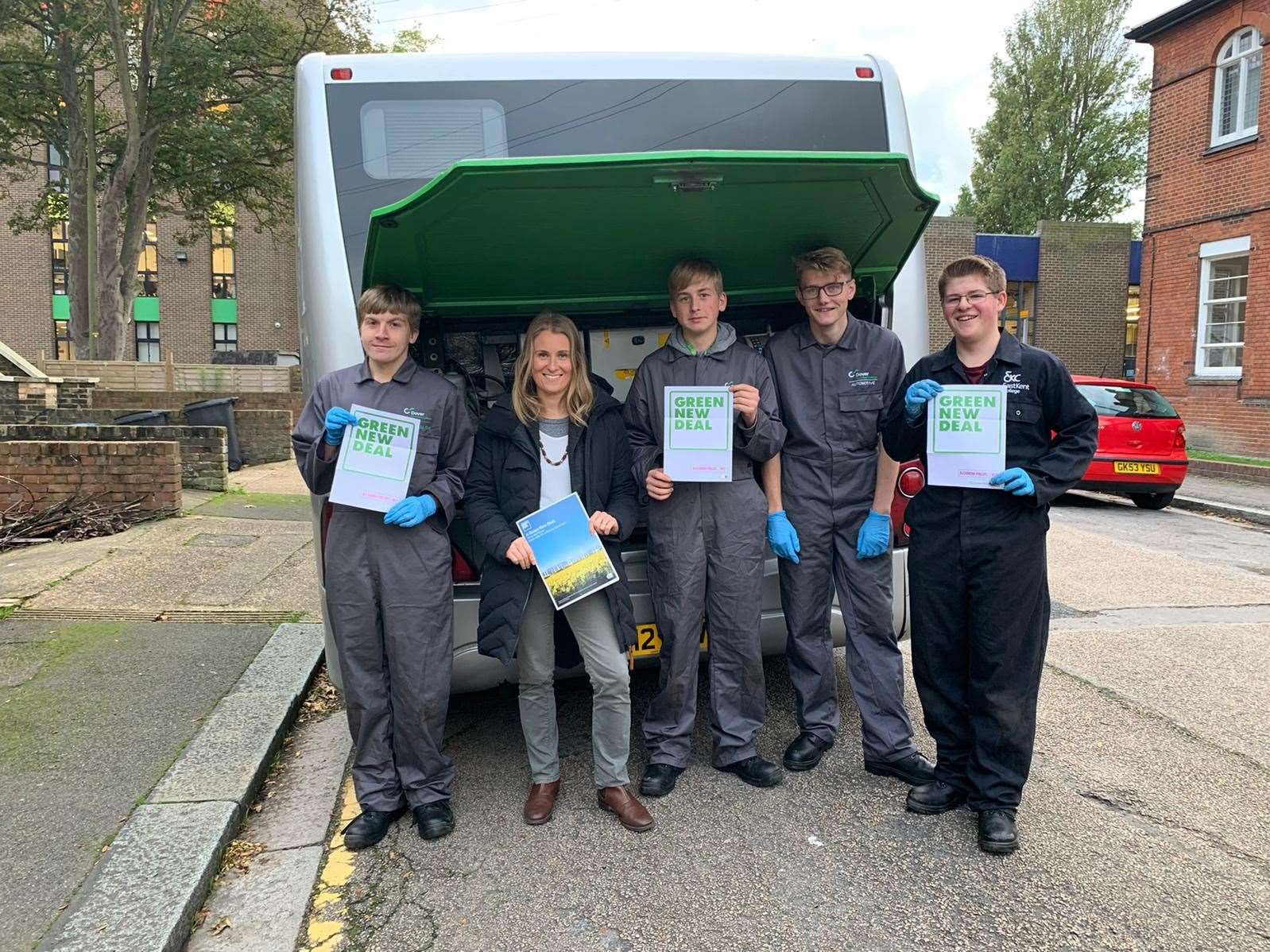 Green MEP Alexandra Phillips with mechanics students.outside Dover Technical College.Picture: Green Party