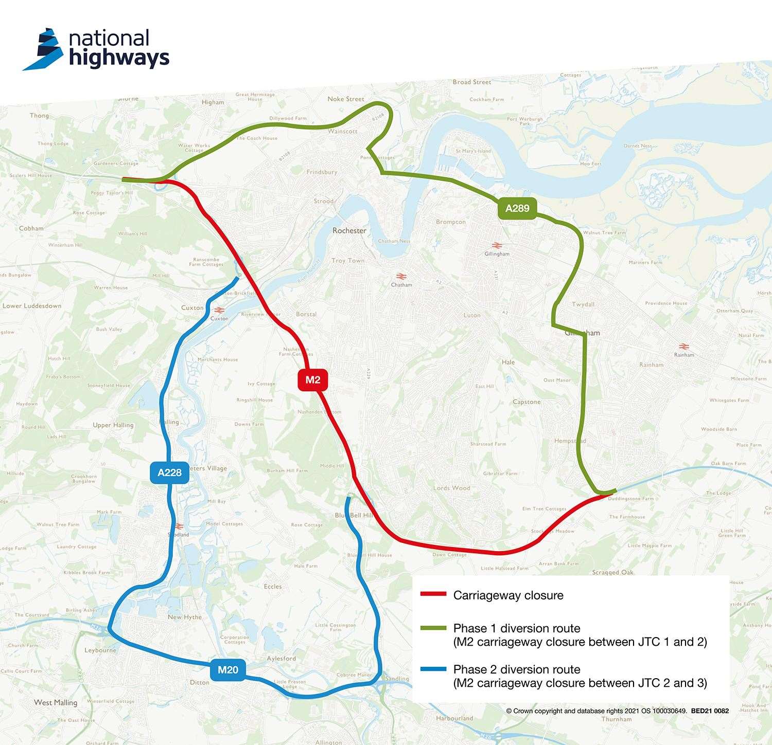Diversions will be in place during the closure of the M2. Image from National Highways
