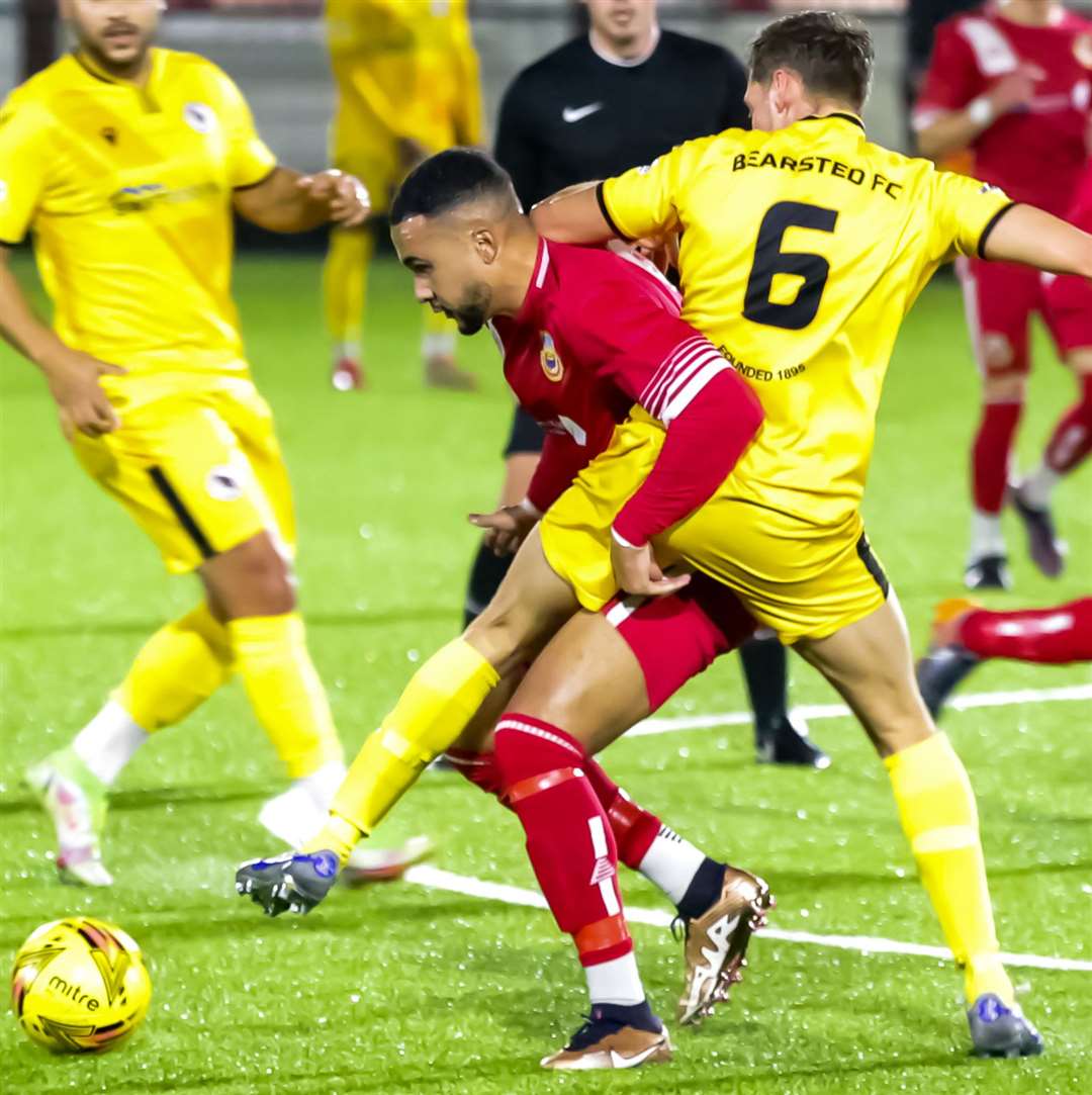 Dean Grant up against Bearsted's Daniel Melvin on Tuesday in Whitstable's shoot-out defeat. Picture: Les Biggs