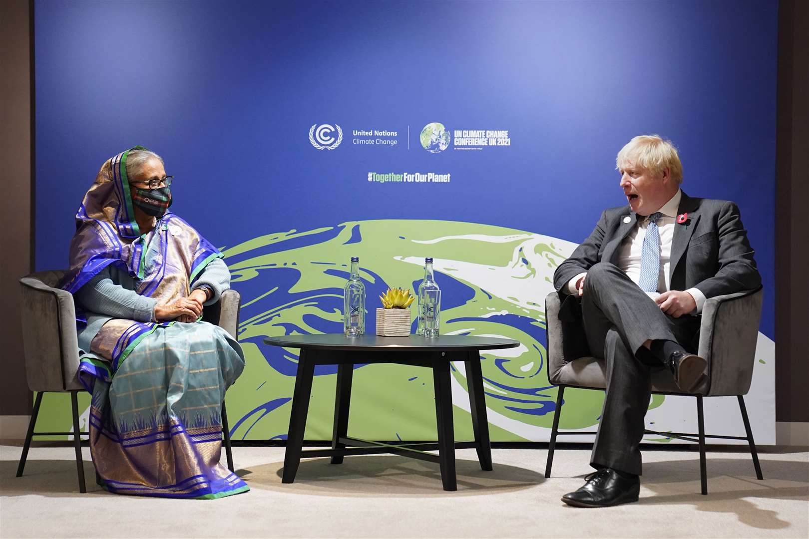 Prime Minister Boris Johnson with the Prime Minister of Bangladesh Sheikh Hasina Wazed at a bilateral meeting (Stefan Rousseau/PA)