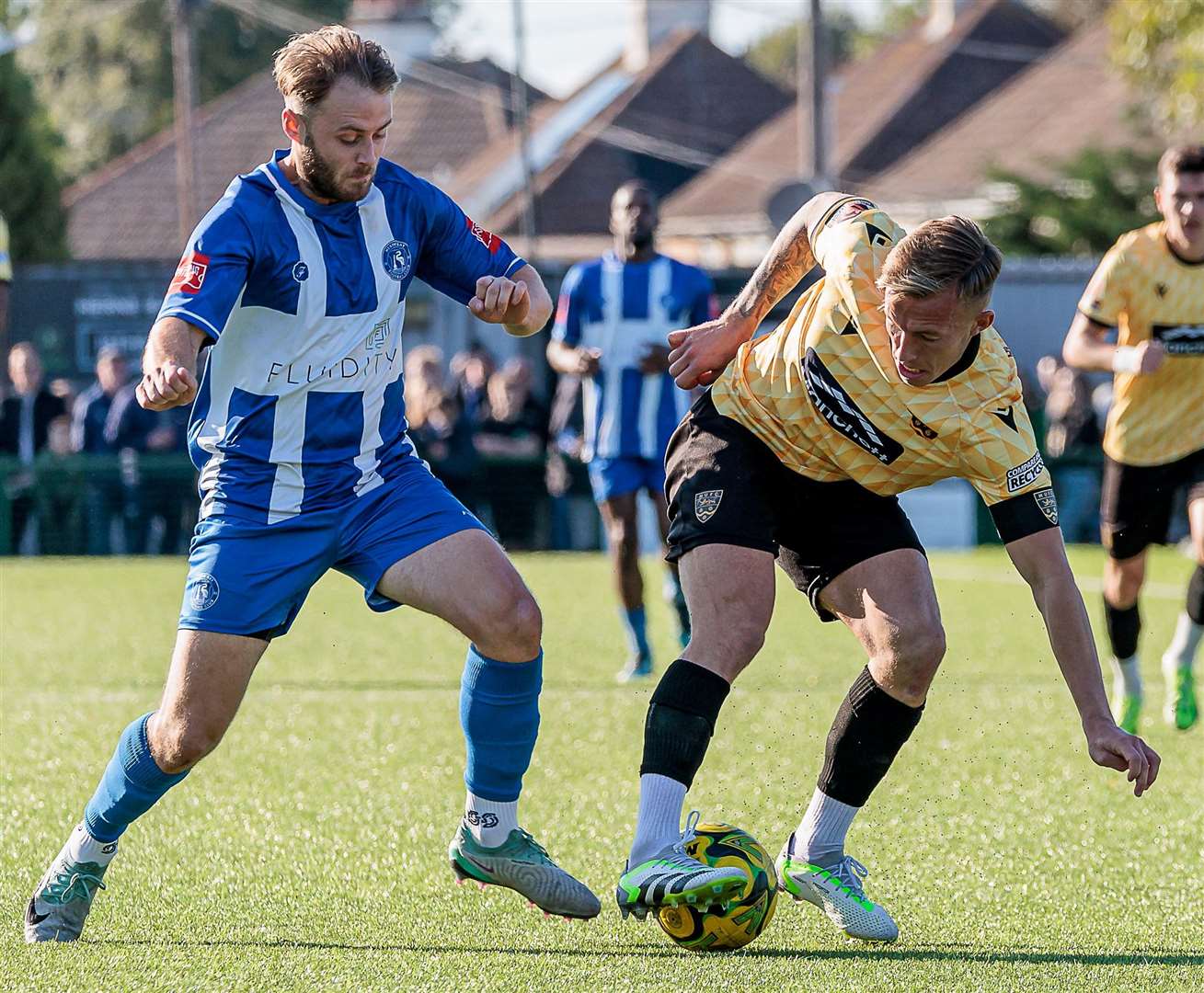 Herne Bay right-back Jack Parter up against Maidstone skipper Sam Corne at Winch’s Field as the Stones battled to a 1-0 FA Cup third qualifying round victory on Saturday. Picture: Helen Cooper