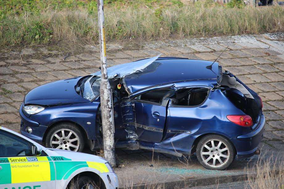 The mangled wreckage of a car following the accident in Marine Parade, Sheerness