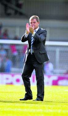 Gills boss Andy Hessenthaler claps the fans after the 1-1 draw at Morecambe