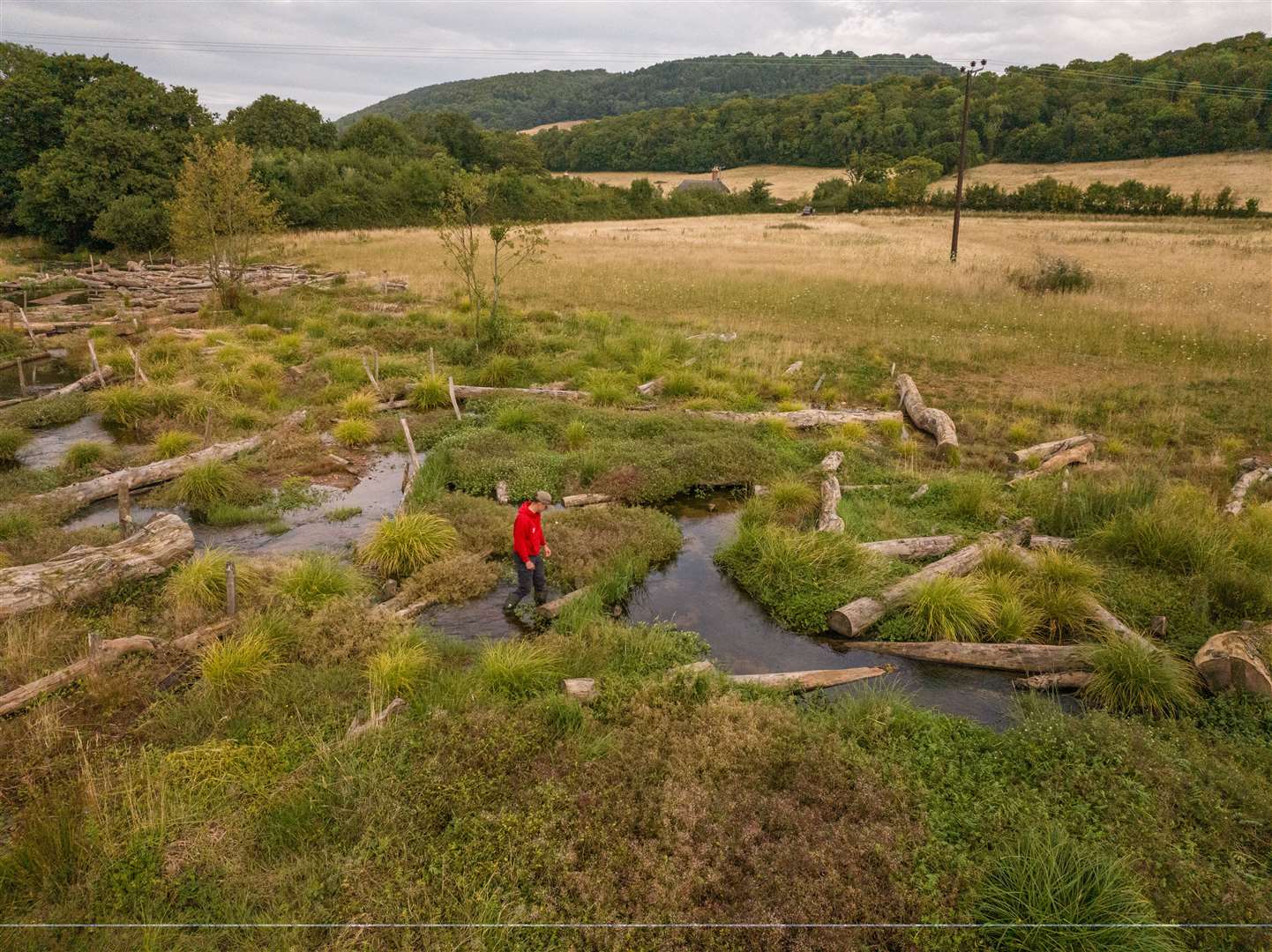 A National Trust ranger stands in the new wetland at Holnicote’s river restoration project (PA)