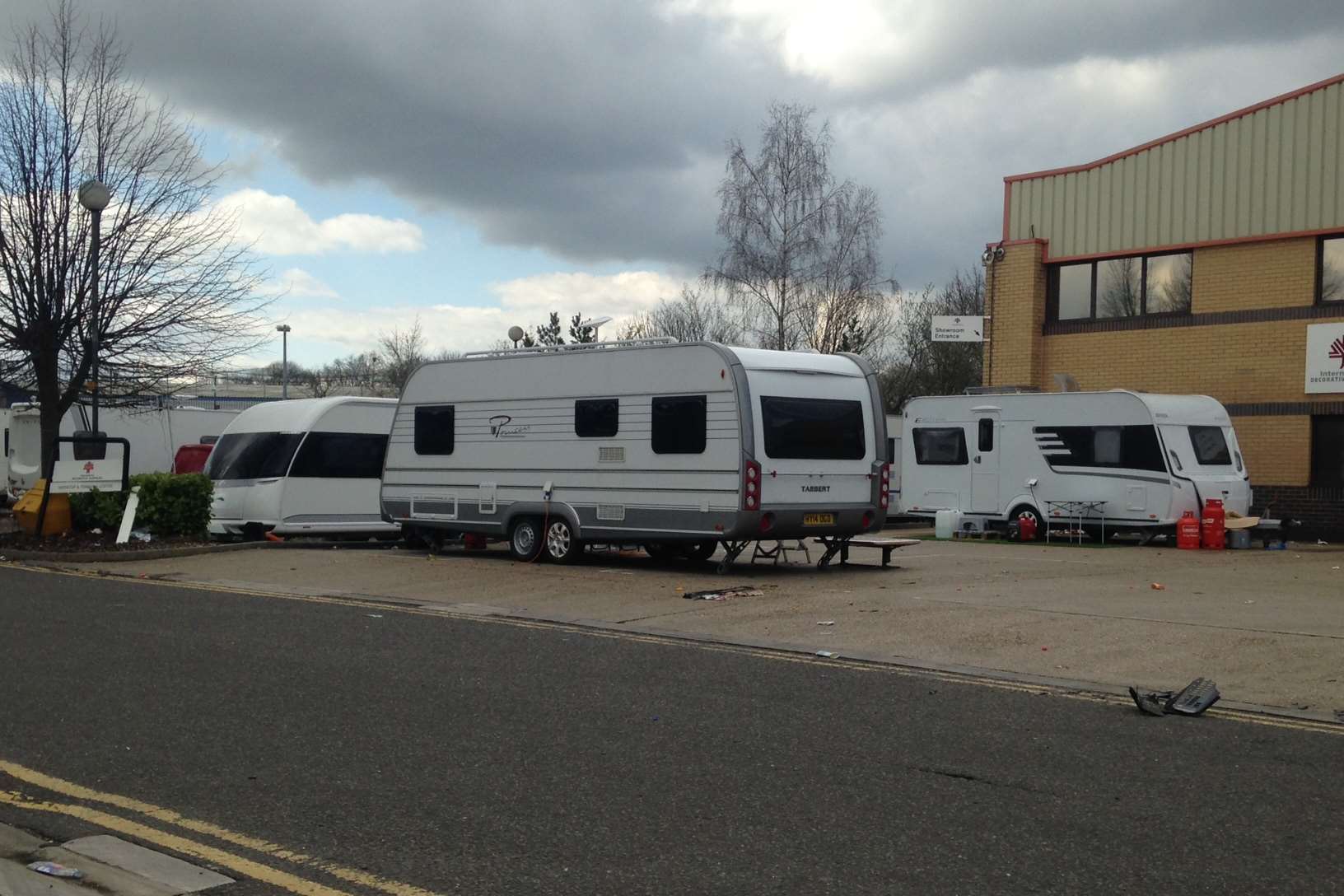 The caravans, in the Quarry Wood Industrial Estate