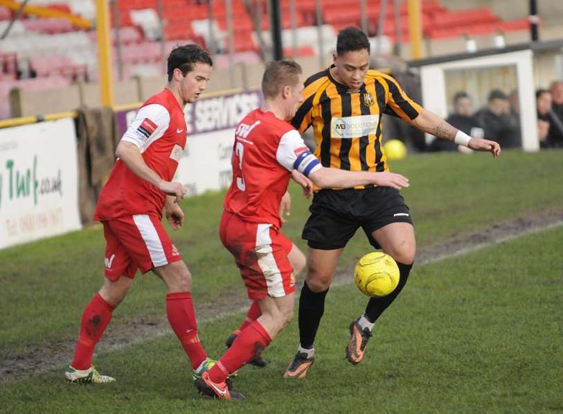 Phil Stevenson (right) in action for Folkestone Invicta against Worthing Picture: Gary Browne