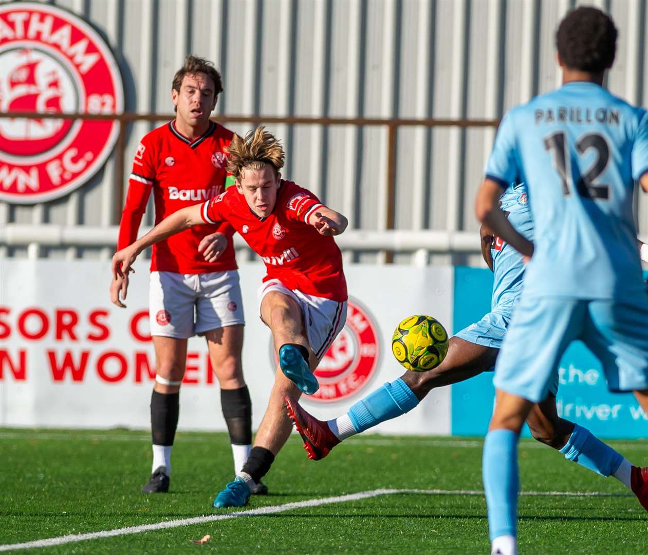 Young Chatham player Sam Sene-Richardson goes up against Slough in the FA Cup in September - the sides will meet again in the FA Trophy on Saturday. Picture: Ian Scammell