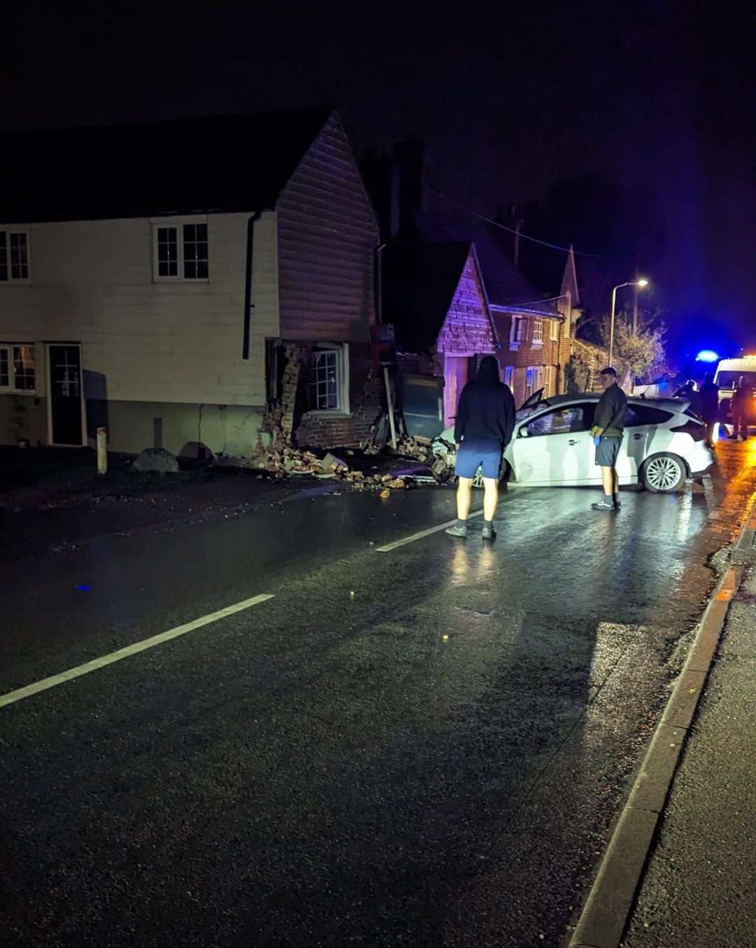 A Ford Focus crashed into a house on the B2163 Upper Street, Leeds, on Monday causing the road to be blocked and power to be temporarily cut