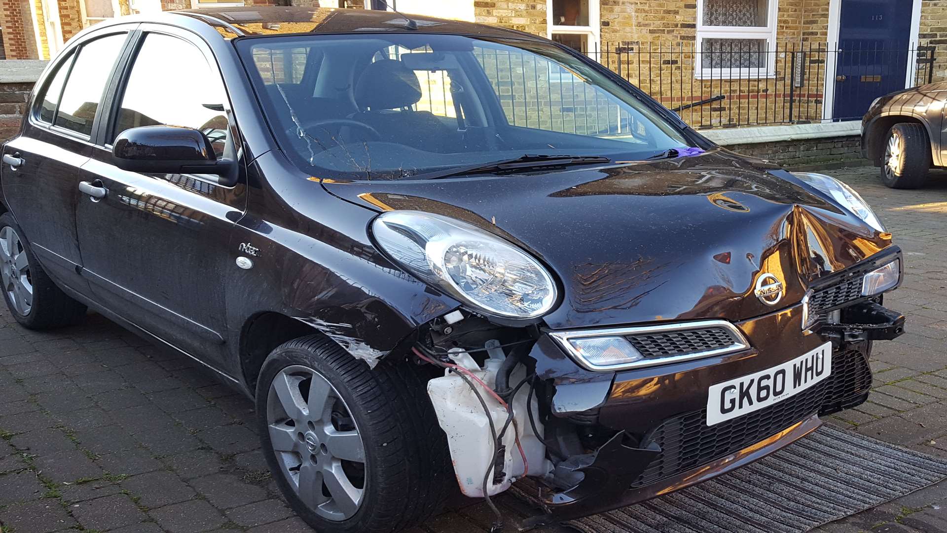 Damage to the Nissan Micra which crashed into the building