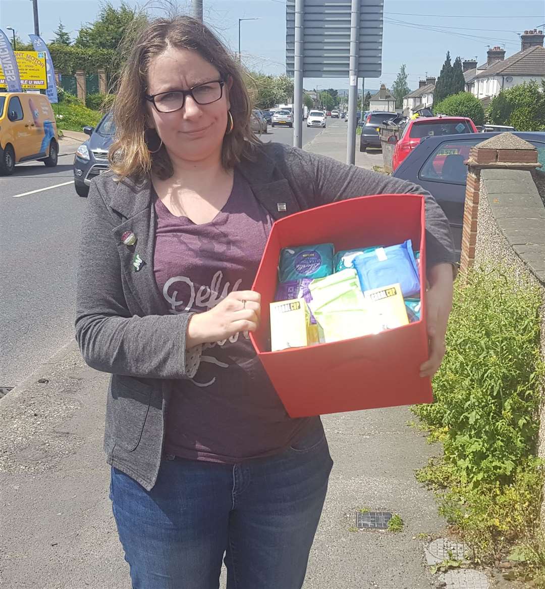 Co-founder of Dartford Deeds Not Words Kelly Grehan with sanitary products collected as part of the Dartford Red Box project