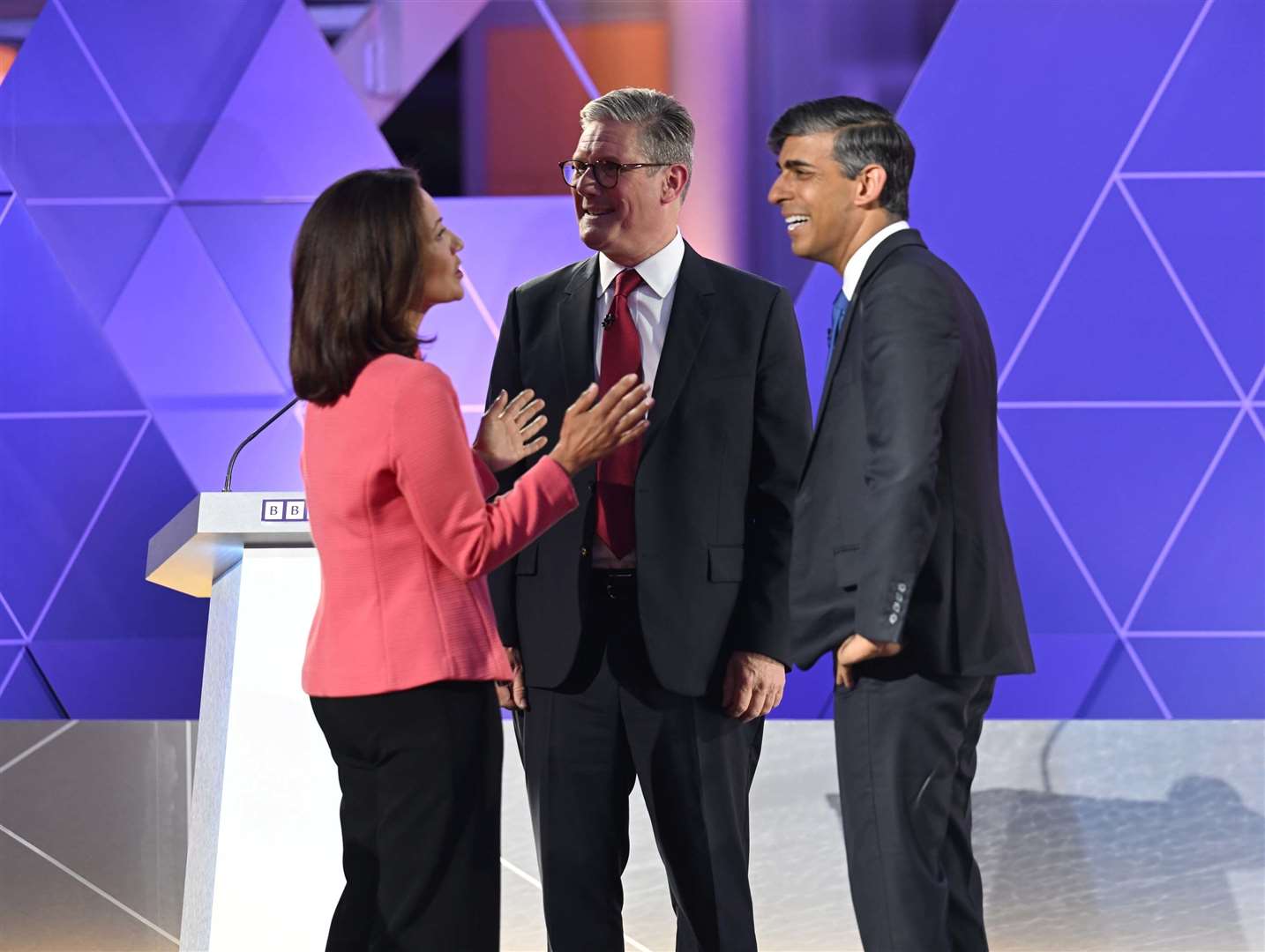 Mishal Husain with then-prime minister Rishi Sunak and Labour leader Sir Keir Starmer during the BBC head-to-head general election debate in June (Jeff Overs/BBC/PA)