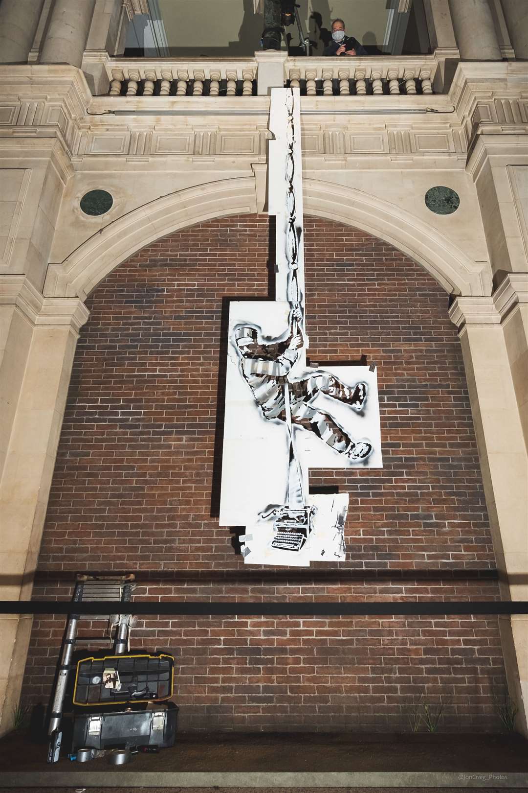 The stencil used by Banksy to make Create Escape on the walls of Reading Prison (@JonCraig_Photos/PA)