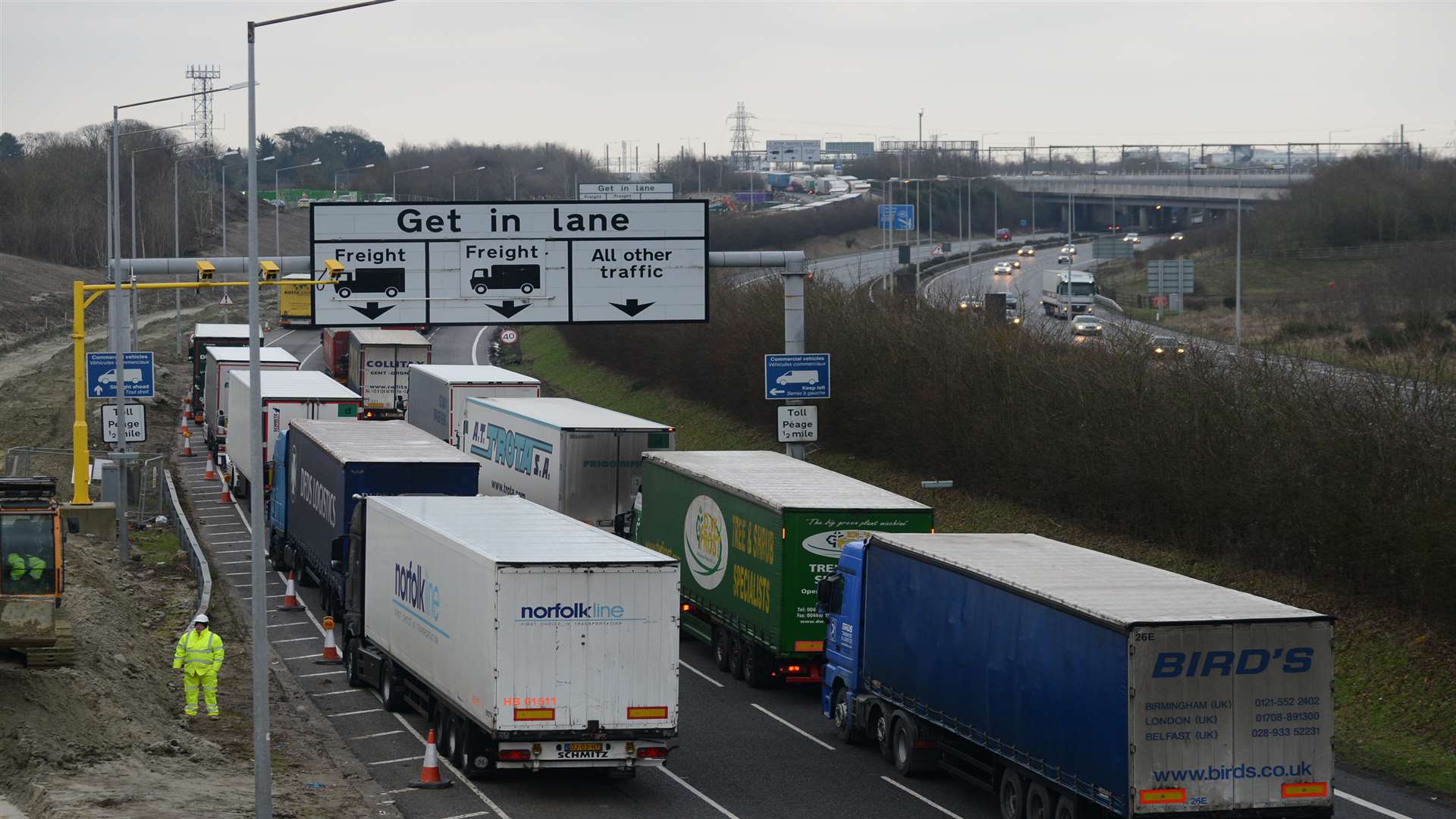 Freight traffic queues to enter the Channel Tunnel. Picture: Gary Browne