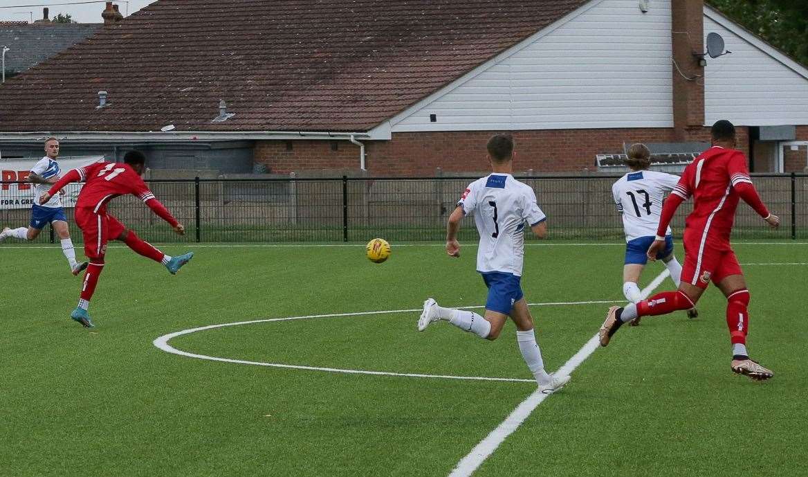 Josh Williams scores Whitstable’s first. Picture: Les Biggs