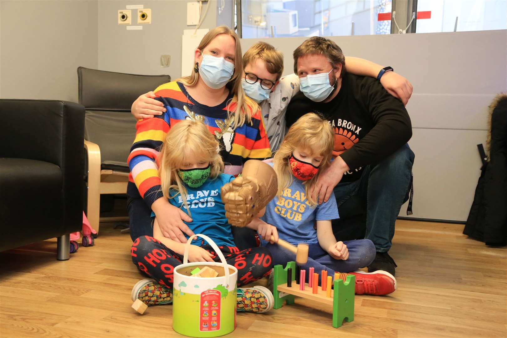 Twins Austin and Edward, six, with mum Sian, 35, dad Tom, 42, and brother Jacob, 14, in the hospital’s new family room Picture: Medway NHS Foundation Trust