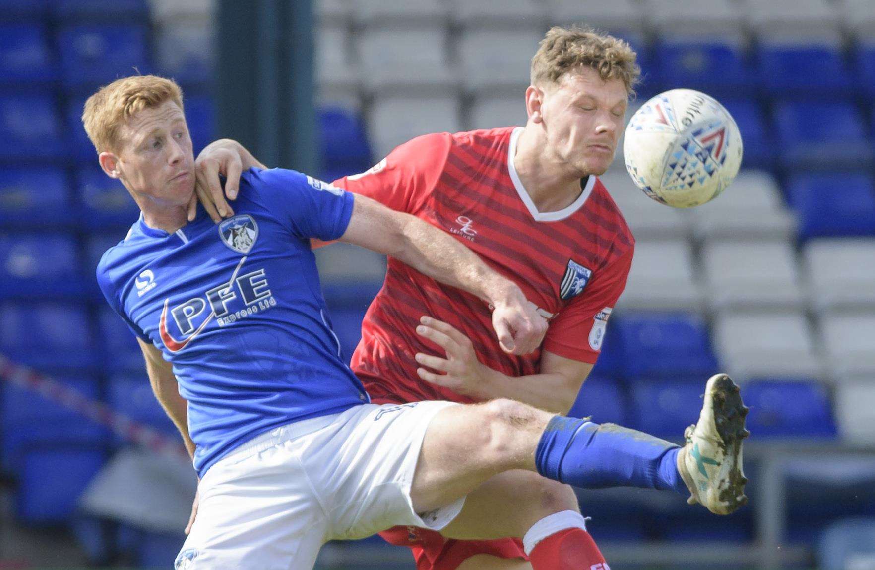 Ben Nugent battles in midfield during Gillingham's draw with Oldham Athletic earlier this month Picture: Andy Payton