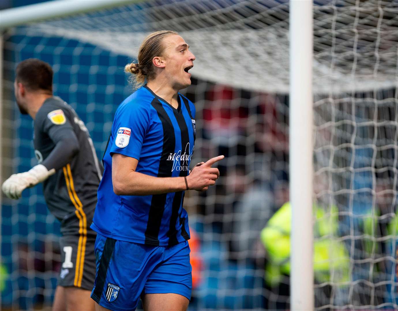 Gillingham striker Tom Eaves celebrates his second goal against Bradford City Picture: Ady Kerry