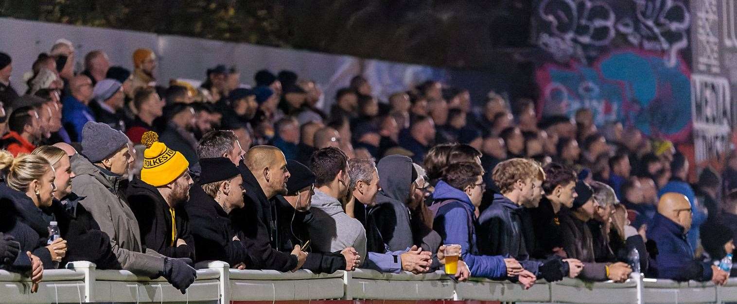 A club-record attendance of 2,906 watched on as Folkestone were beaten 1-0 by Dover in Isthmian Premier on Tuesday. Picture: Helen Cooper