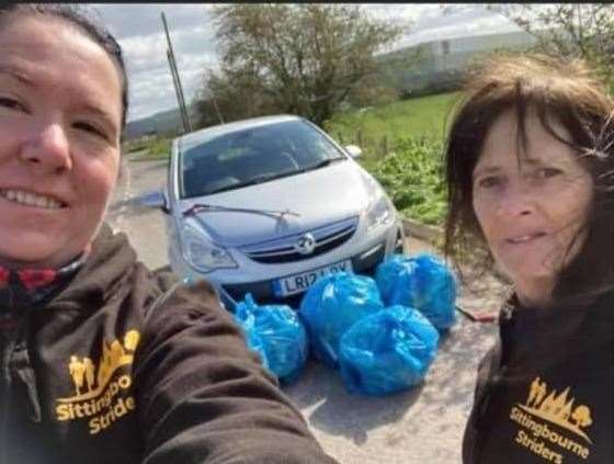 Jackie Austin, right, and friend Louise Wood with waste they have collected in Queenborough