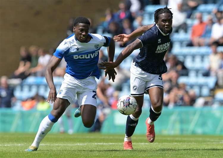 Gillingham striker Joe Gbode, left, has joined Maidstone on loan. Picture: Keith Gillard