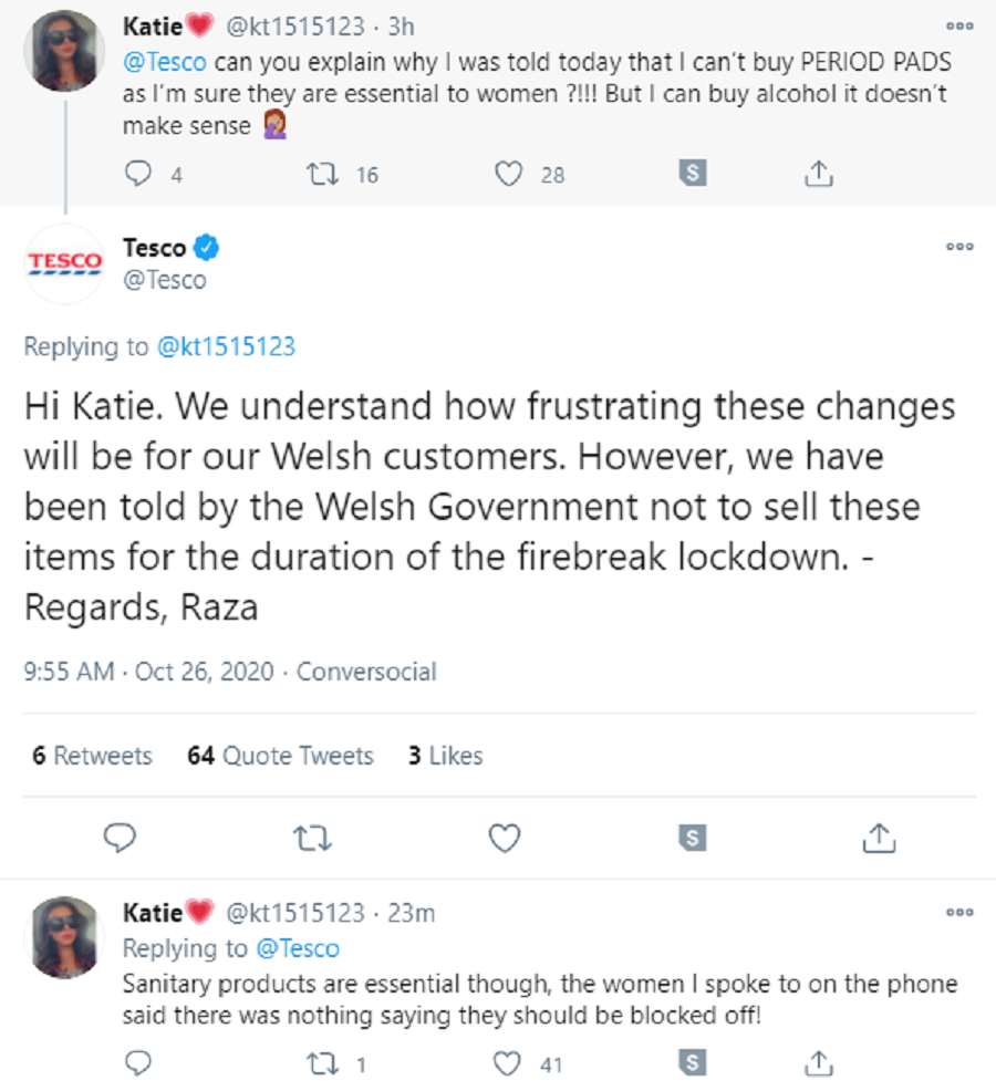 Tesco said on Twitter that Welsh Government guidelines had meant it could not sell sanitary products (Twitter/Screengrab/PA)