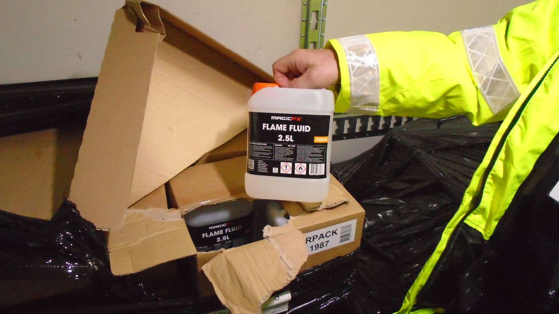 Flammable liquid for BPM SFX found in a lorry at Dover bound for Europe. Picture: Maritime and Coastguard Agency (35939181)