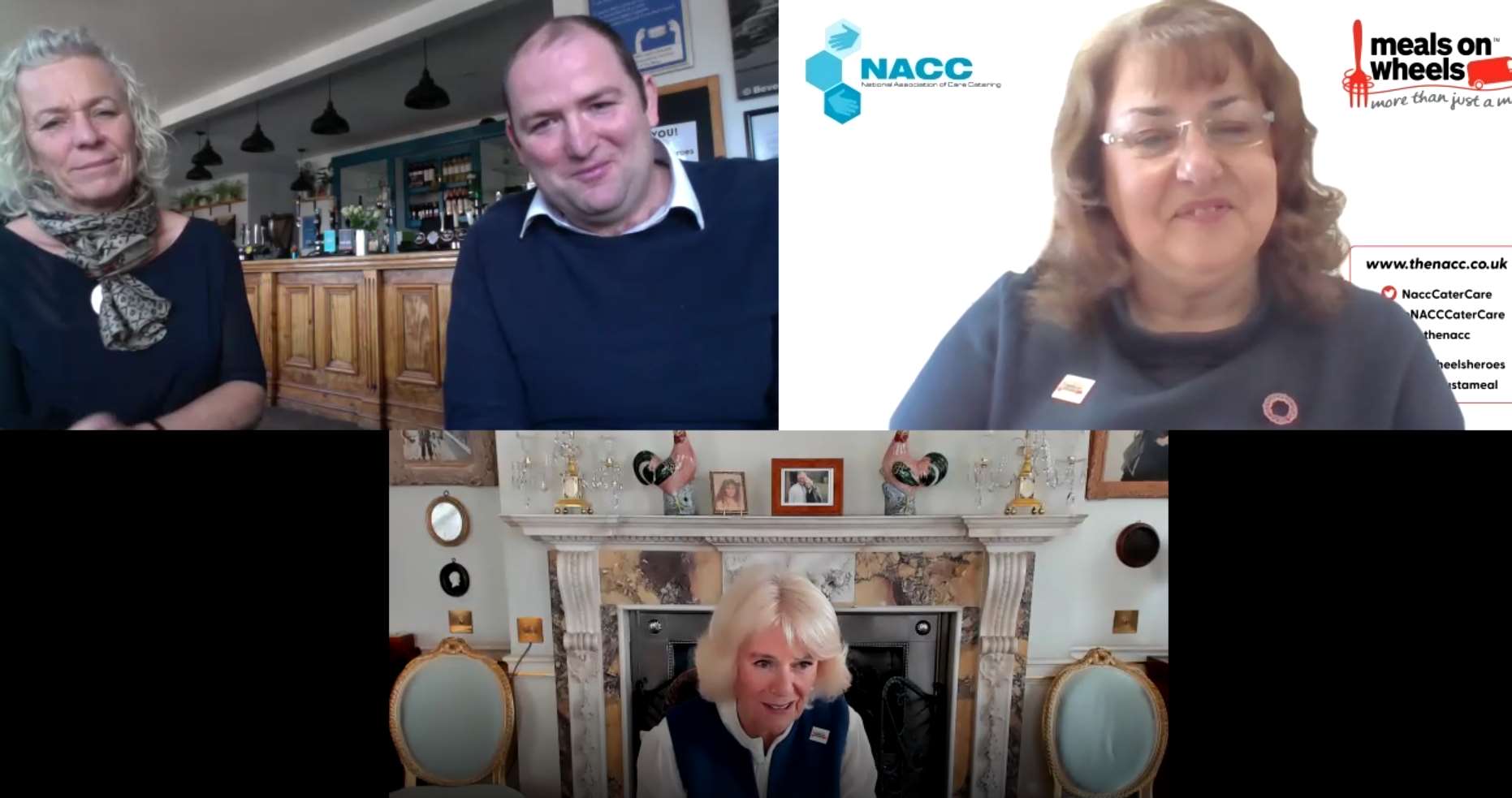 Camilla chats to (top left) Helen Jones, The Bevy’s general manager and co-ordinator of Bevy Meals on Wheels, with the pub’s secretary Chris Llewellyn and (top right) Sue Cawthray, national chair of the National Association of Care Catering (Clarence House/PA)