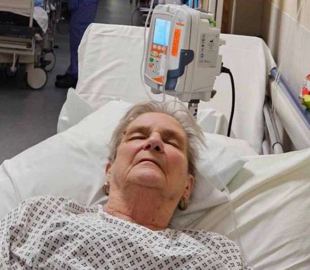 Great gran Geraldine Newing on a trolley in corridor at Medway Maritime Hospital