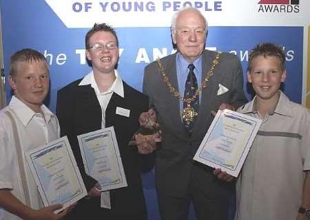 INSPIRING: The Mayor of Margate, Cllr Dennis Payne, presents awards to the Ventham brothers, from left, Jamie, Martin and Adam. Picture: GERRY WHITTAKER