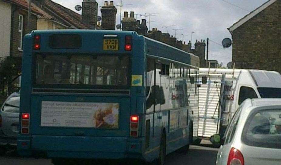 A bus attempting to navigate through Wouldham High Street before the traffic scheme was introduced