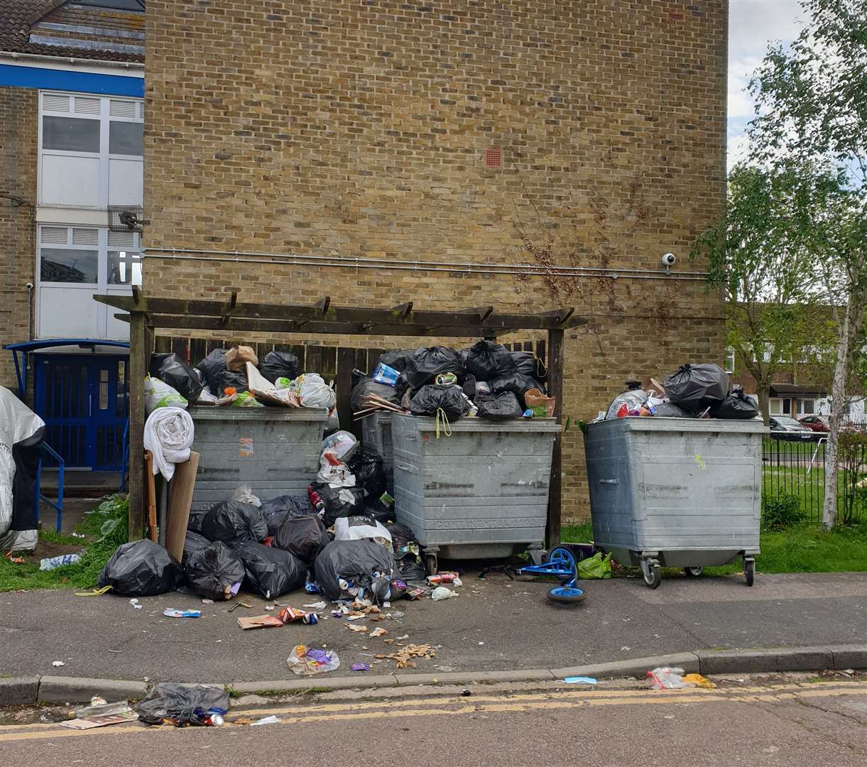 Overflowing bins at Lodge Hill Lane in Chattenden after three collections were missed due to bulky waste not being disposed of