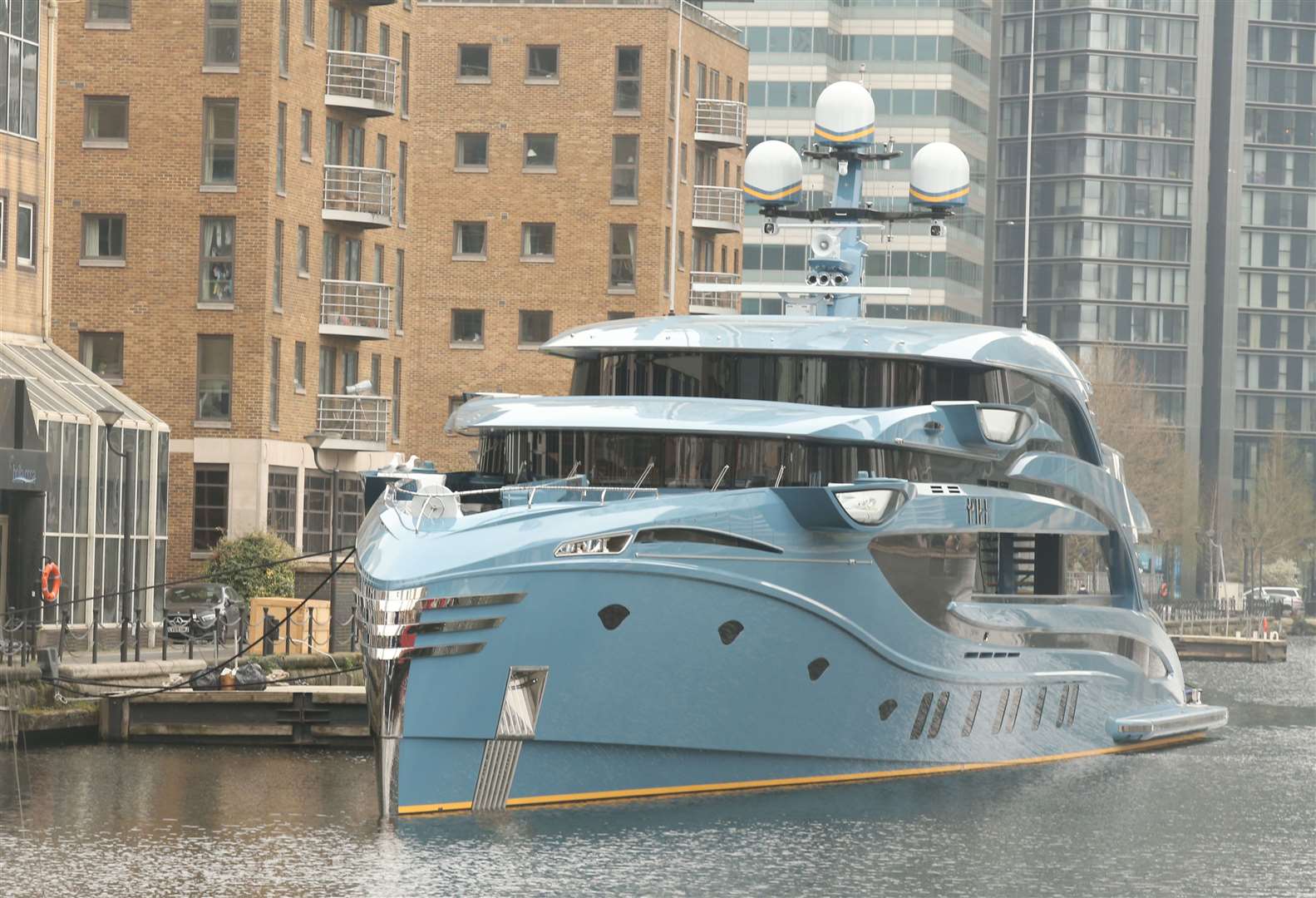 The superyacht, Phi, in Canary Wharf where it has been detained (James Manning/PA)