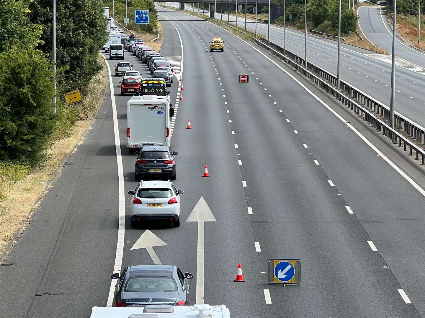 Traffic being taken off the motorway after a crash near Folkestone. Picture: Barry Goodwin