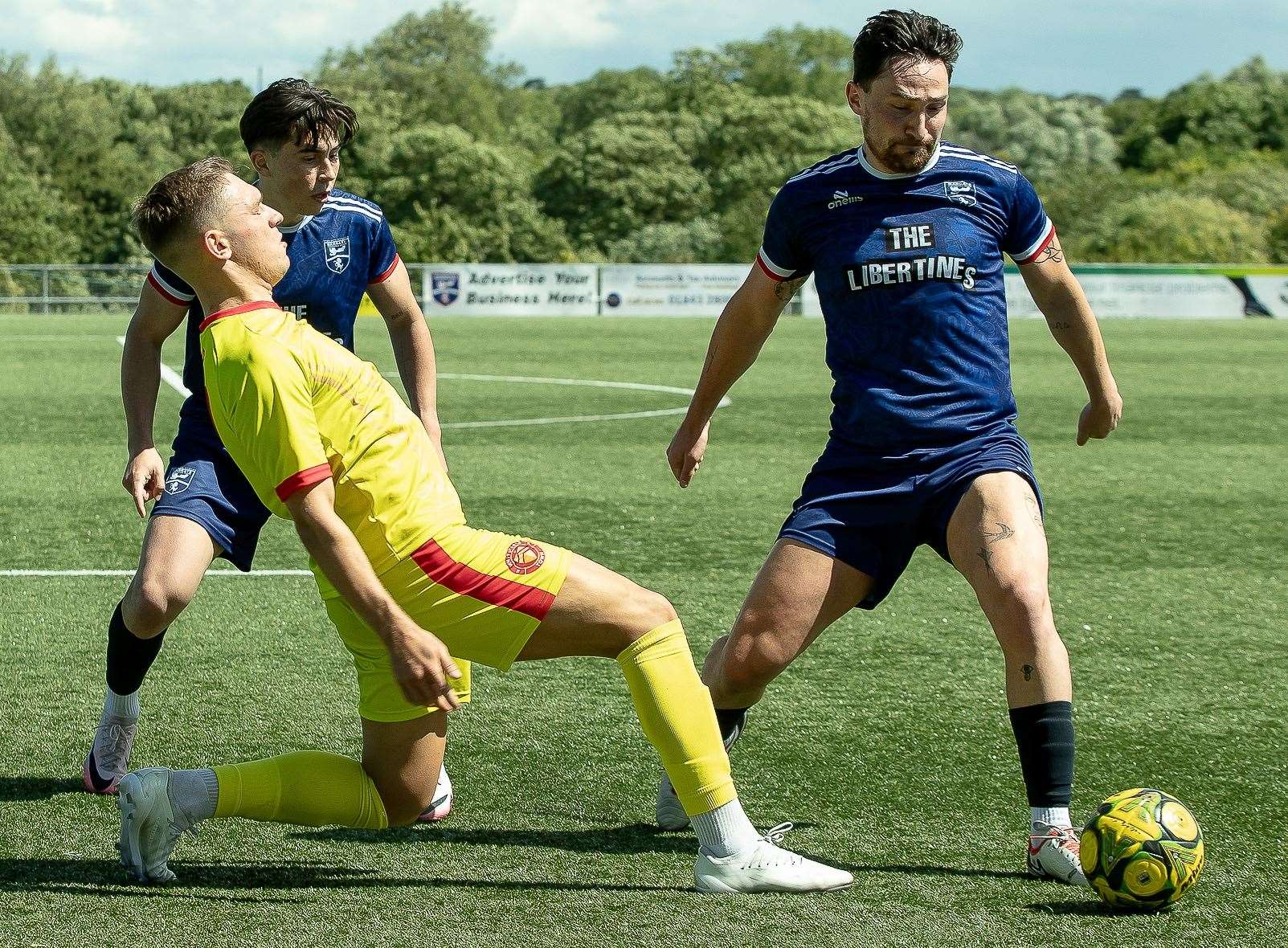 Whitstable's Josh Oliver is beaten to the ball by a Margate player on his Hartsdown Park return. Picture: Les Biggs